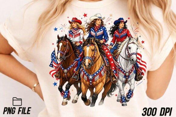 Cowgirls Riding Horse American Flag PNG: A Design Asset