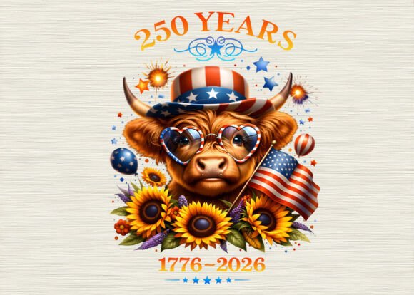 Patriotic Design Asset: The 250 Years Highland Cow PNG